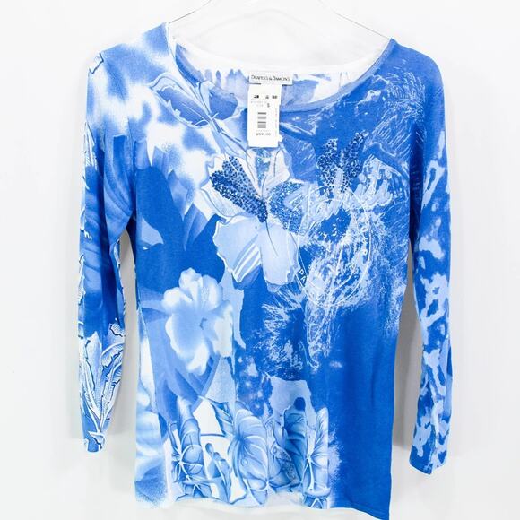 DRAPER'S & DAMON'S Blue Vintage 2000's Tropical Floral Long Sleeve Top - Picture 1 of 8